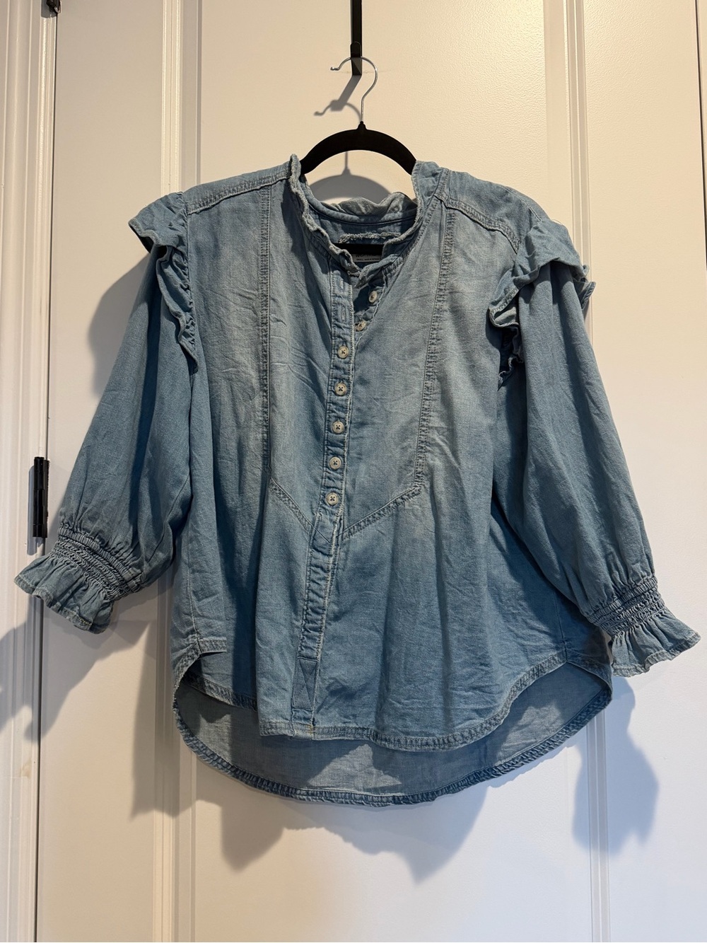 We The Free Light Blue Ruffle-Shoulder Denim Tunic Blouse